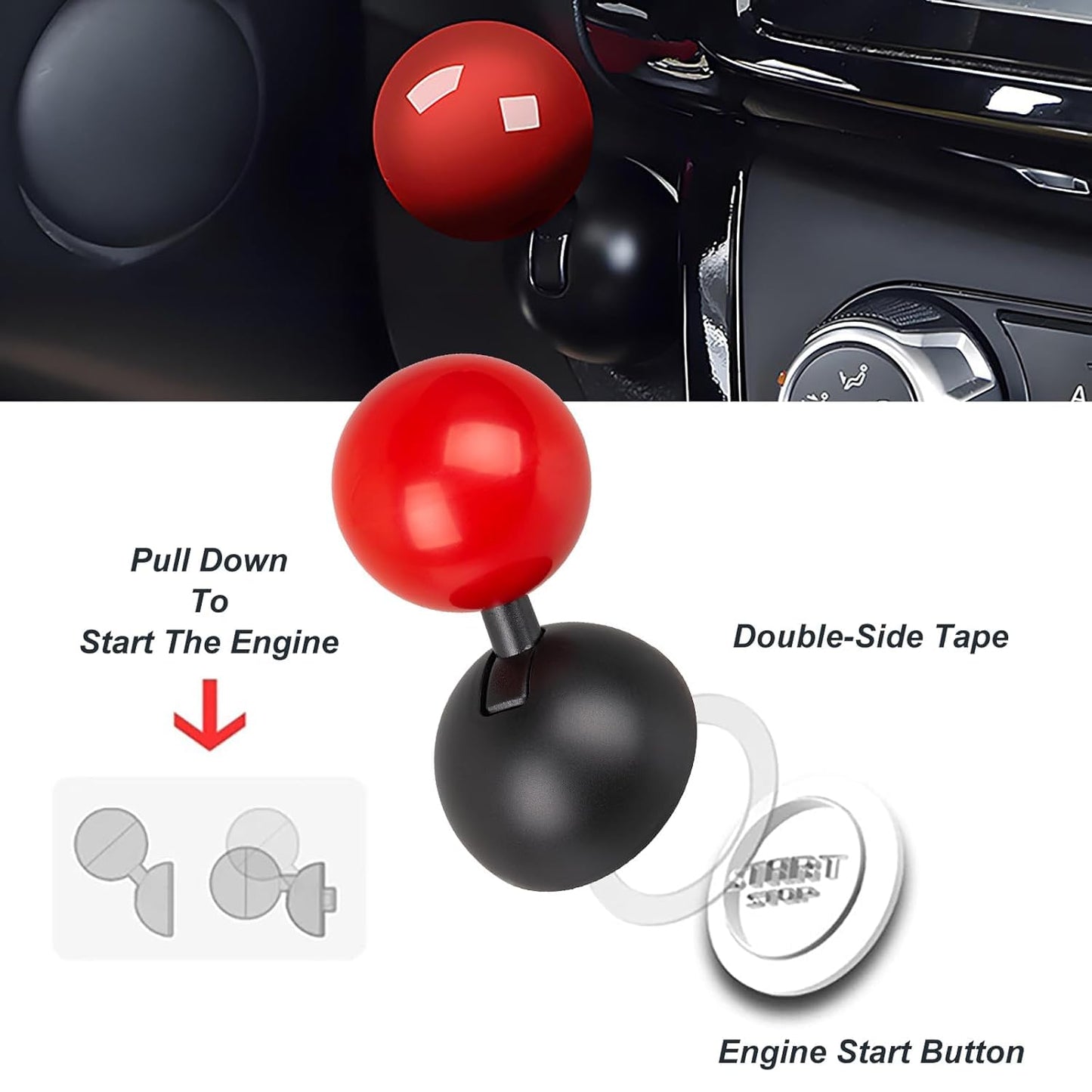 Push Button Start Lever, Car Push to Start Button Rocker, Car Engine Start Stop Button Joystick, Full Ball-bar Rocker Car One Button Automotive One-Touch Start Button Joystick (Metal, Red)