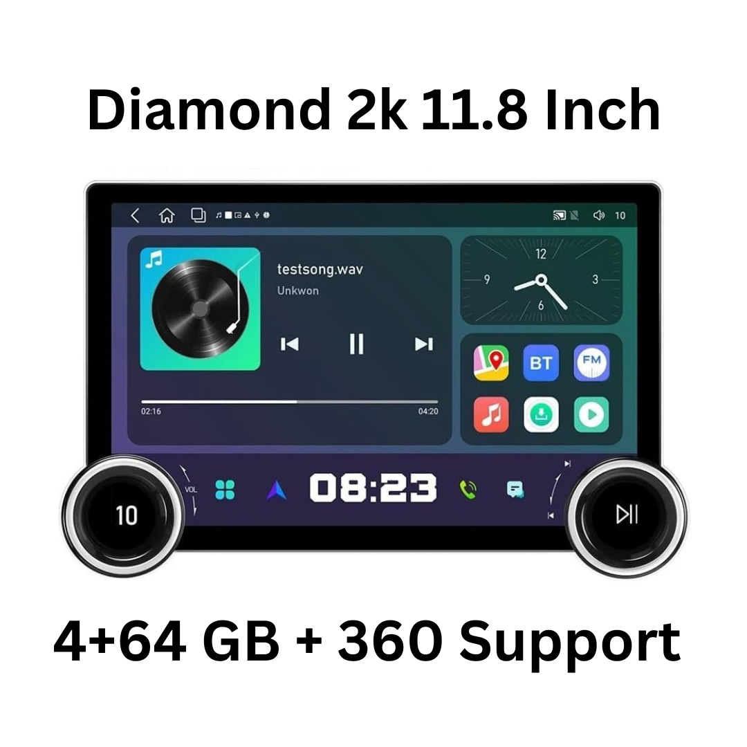 Diamond 2k 11.8 Inch With 360 Camera Support Car Android Stereo Touch Screen 4+64 4G WiFi Wireless Carplay Android Auto GPS Navigation Bluetooth 36 DSP Band with Universal Frame